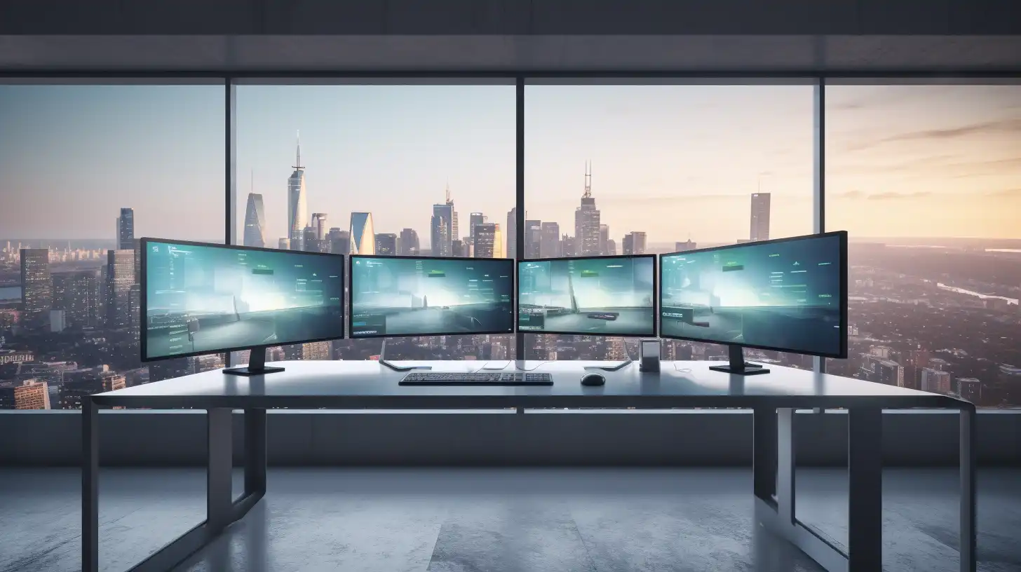 Schreibtisch mit 4 Bildschirmen und Aussicht auf eine Skyline