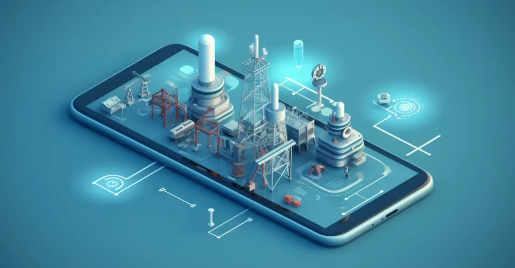 Illustration einer Digitalisierung, Stadt die aus einem Smartphone herausragt, 3D Illustration